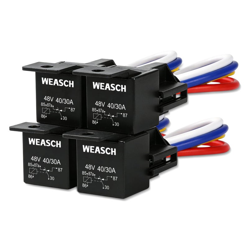 Weasch 4 Pack 48V 4030A Car Relay Harness 5Pin SPDT 12AWG Harness Sockets Automotive Switches and Starters for Automotive Truck Van Motorcycle Boat